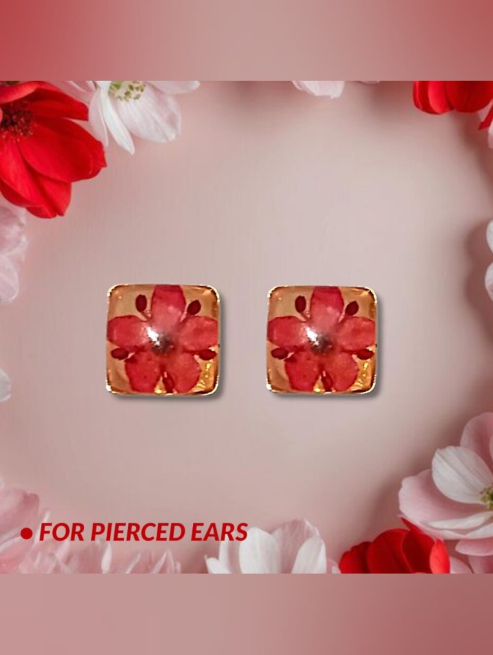 Floral Red Square Stud Earrings for Women